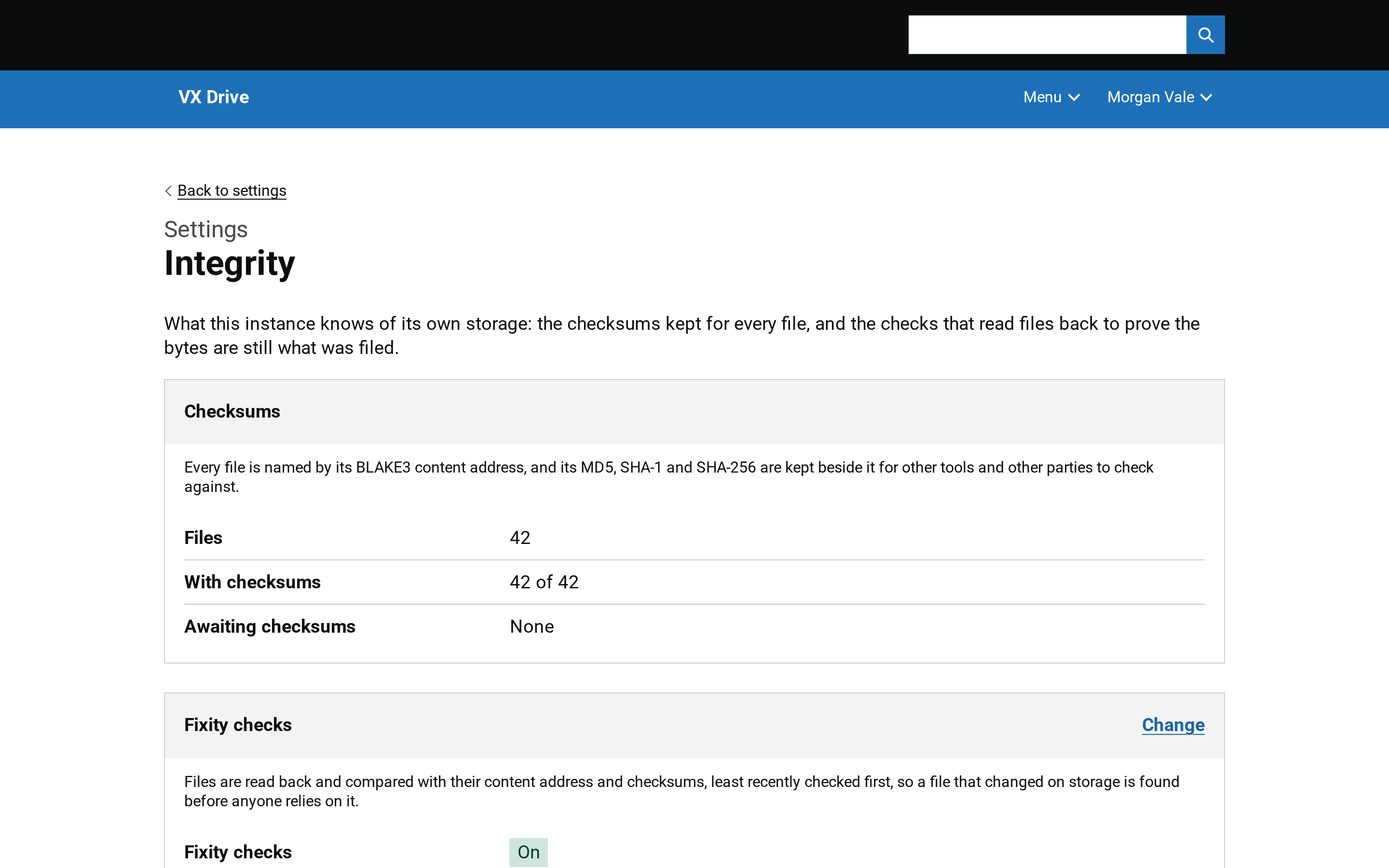The integrity settings: the fixity cycle, its window and budget, and the last runs.
